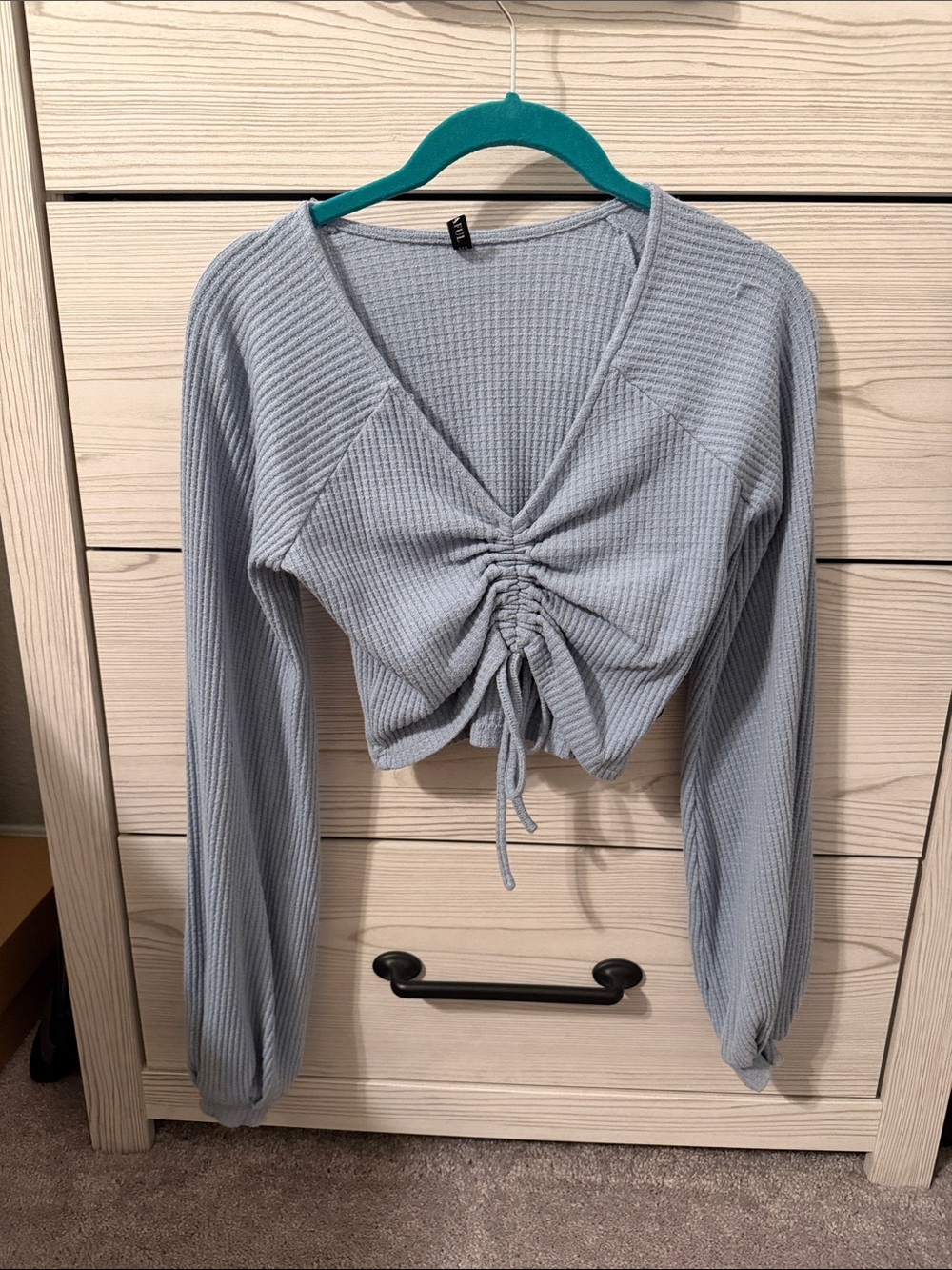 Zaful Light Blue Ribbed Drawstring V-Neck Crop Top